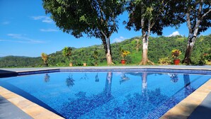 A rectangular pool with blue mosaic tiles, surrounded by a stone edge and potted plants. - Tranquil Jungle Stay with Breathtaking views, Minutes to Dominical Beach (San Jose Province)