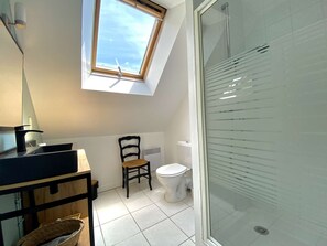 A small bathroom with a skylight, a toilet, and a chair. - Petite Maison Pour 4 Personnes Proche Plage à Arzon à Louer Pour les Vacances (Arzon)