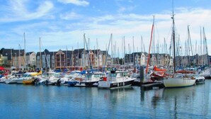 Un port de plaisance où sont amarrés de nombreux bateaux, un ciel dégagé et des bâtiments en arrière-plan.