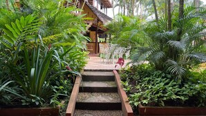 Ein Gartenpfad in tropischer Vegetation, der zu einem Holzhaus mit einem Reetdach führt.