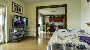 Een kamer met een bed, een televisie en een kitchenette.