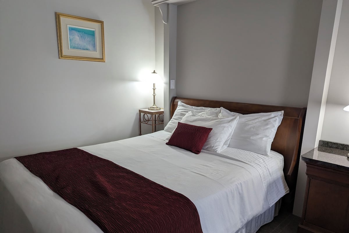 1 bedroom, hypo-allergenic bedding, down comforters, blackout drapes