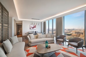 Presidential Suite, 2 Bedrooms, City View | Living area | 55-inch LED TV with satellite channels, TV, offices