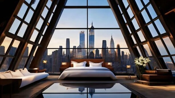 A modern hotel room with a city skyline view through large windows, a bed, a sofa, and a reflective floor.