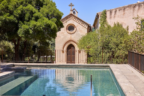 Outdoor pool, pool umbrellas, pool loungers