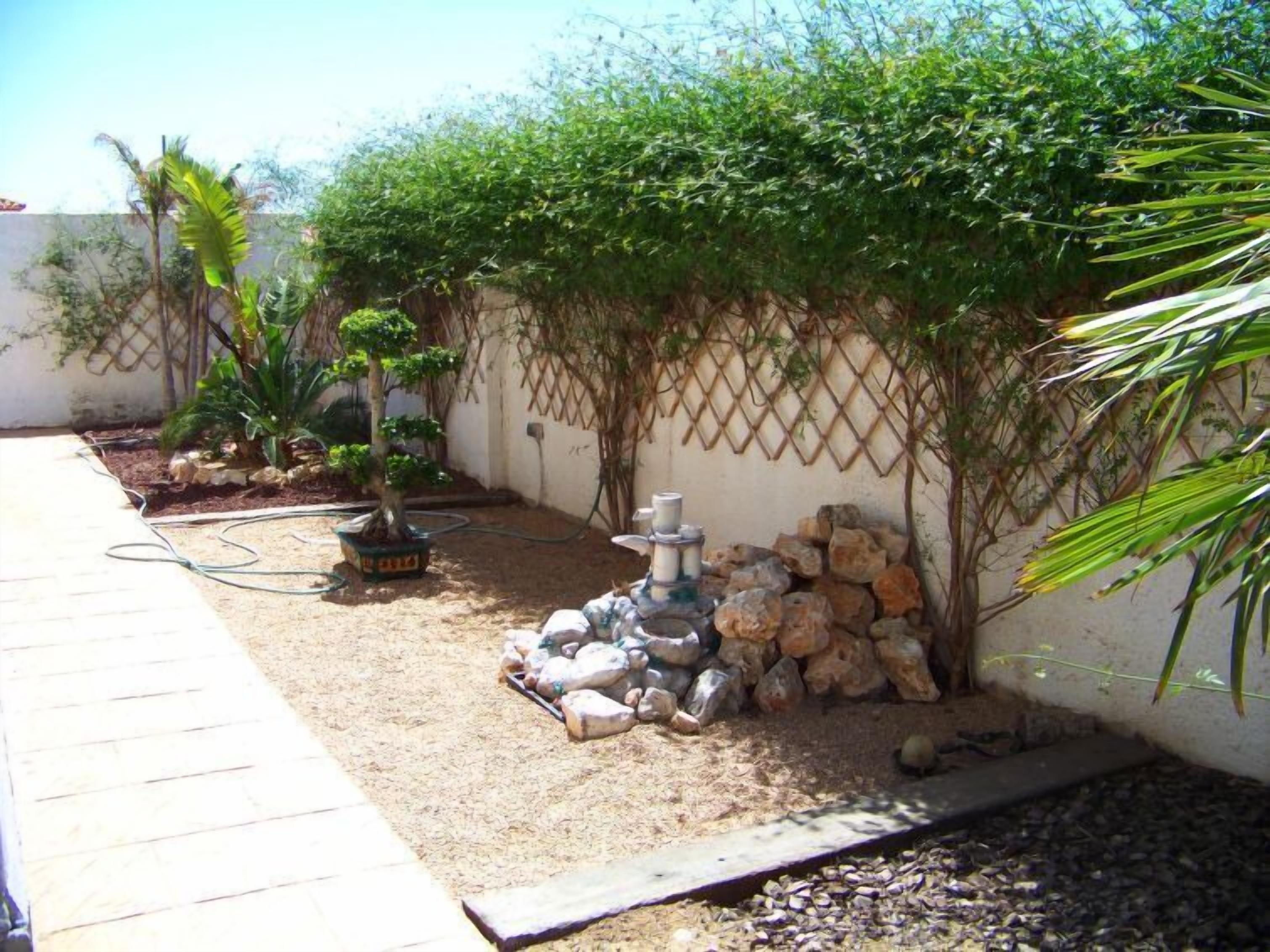 A garden with a variety of plants, a small rock garden, and a lattice wall.