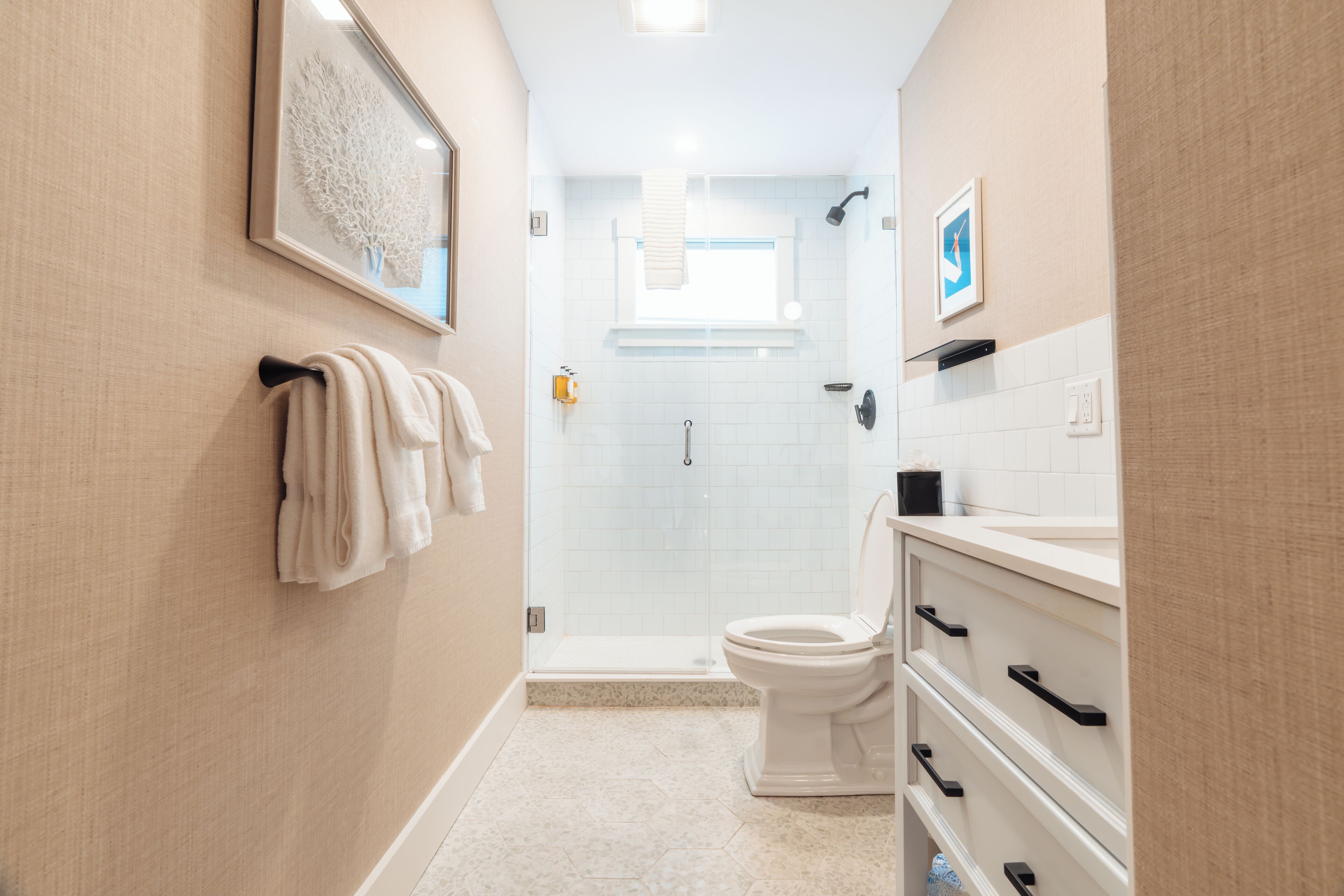 luxury room | bathroom | combined shower/bathtub, hair dryer, towels