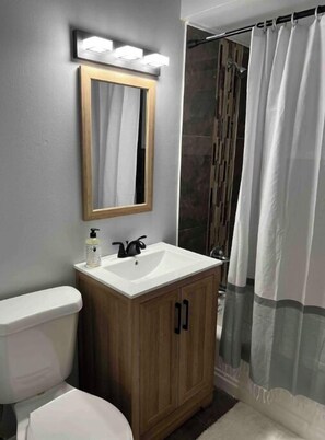 Combined shower/bathtub, towels, soap, toilet paper - Beautiful furnished 2 bdr great location Elmwood (Buffalo)