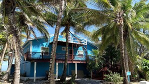 A two-story building with a blue exterior, surrounded by palm trees.
