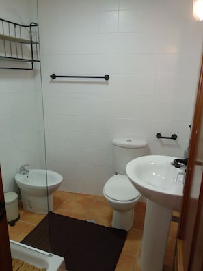 Douche, sèche-cheveux, bidet, serviettes fournies