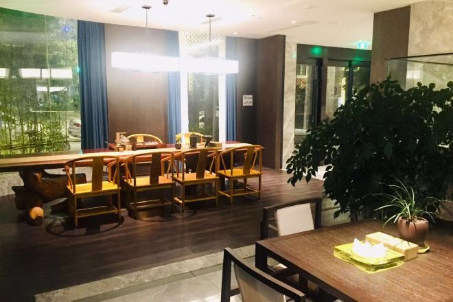 Un espace repas avec une longue table et des chaises, une plante en pot et une vue dégagée grâce à de grandes fenêtres.