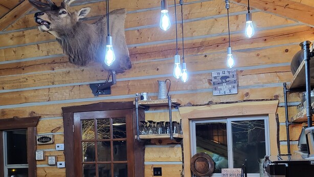 A rustic cabin interior with exposed wooden beams, a deer head decoration, a wooden counter with a sign, and a modern dishwasher. - Beautiful Montana Cabin, at the base of the Pintler Mountains (Anaconda)
