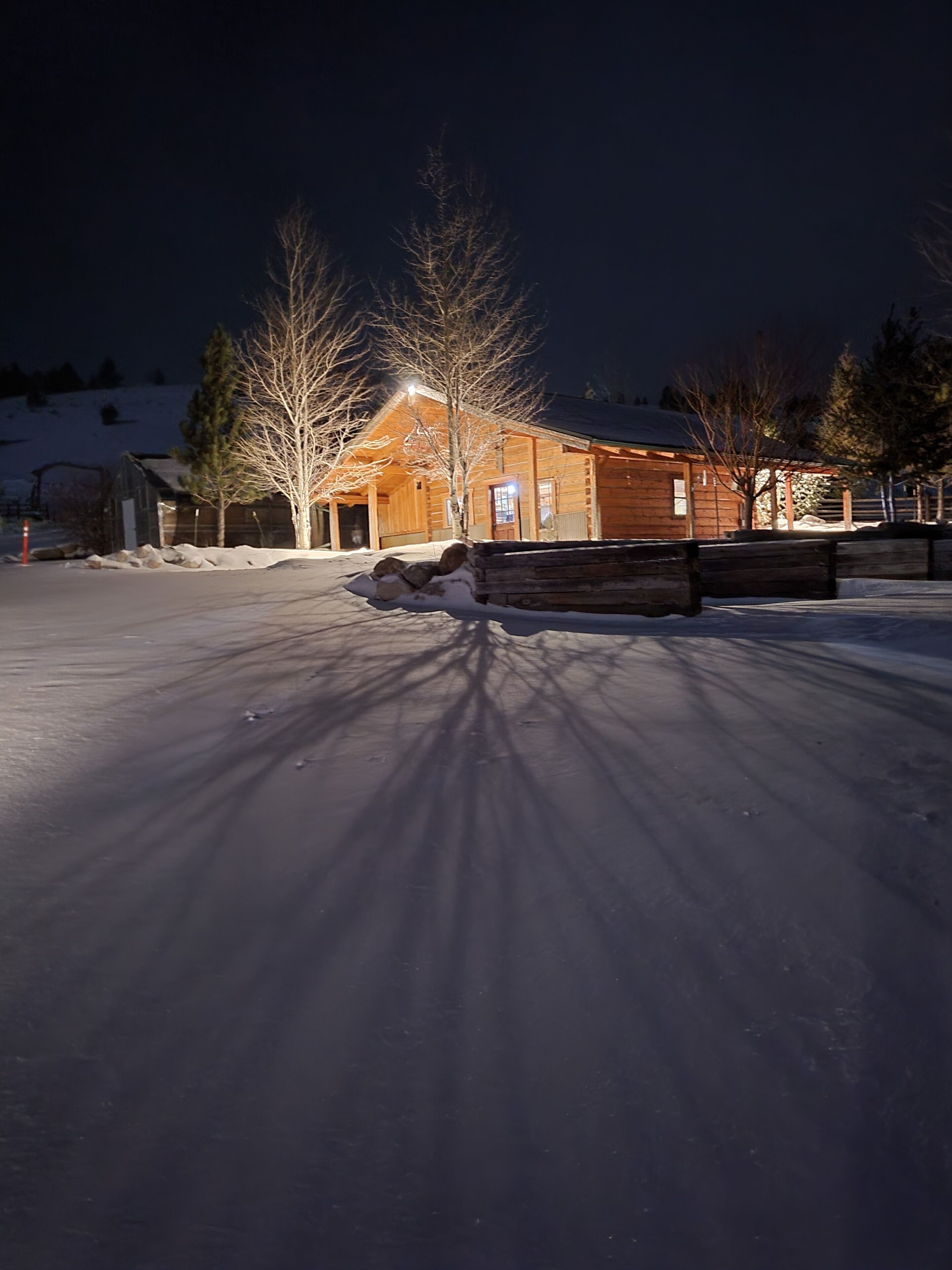 Un paysage enneigé avec une cabane en bois illuminée par des lampes extérieures.