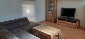 TV, DVD player, books, video library