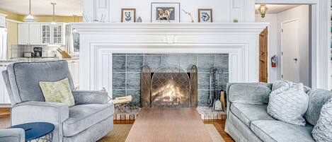 Televisión, chimenea, reproductor de DVD y libros