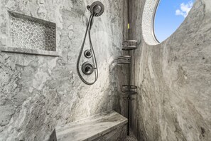 Shower, hair dryer, towels, soap