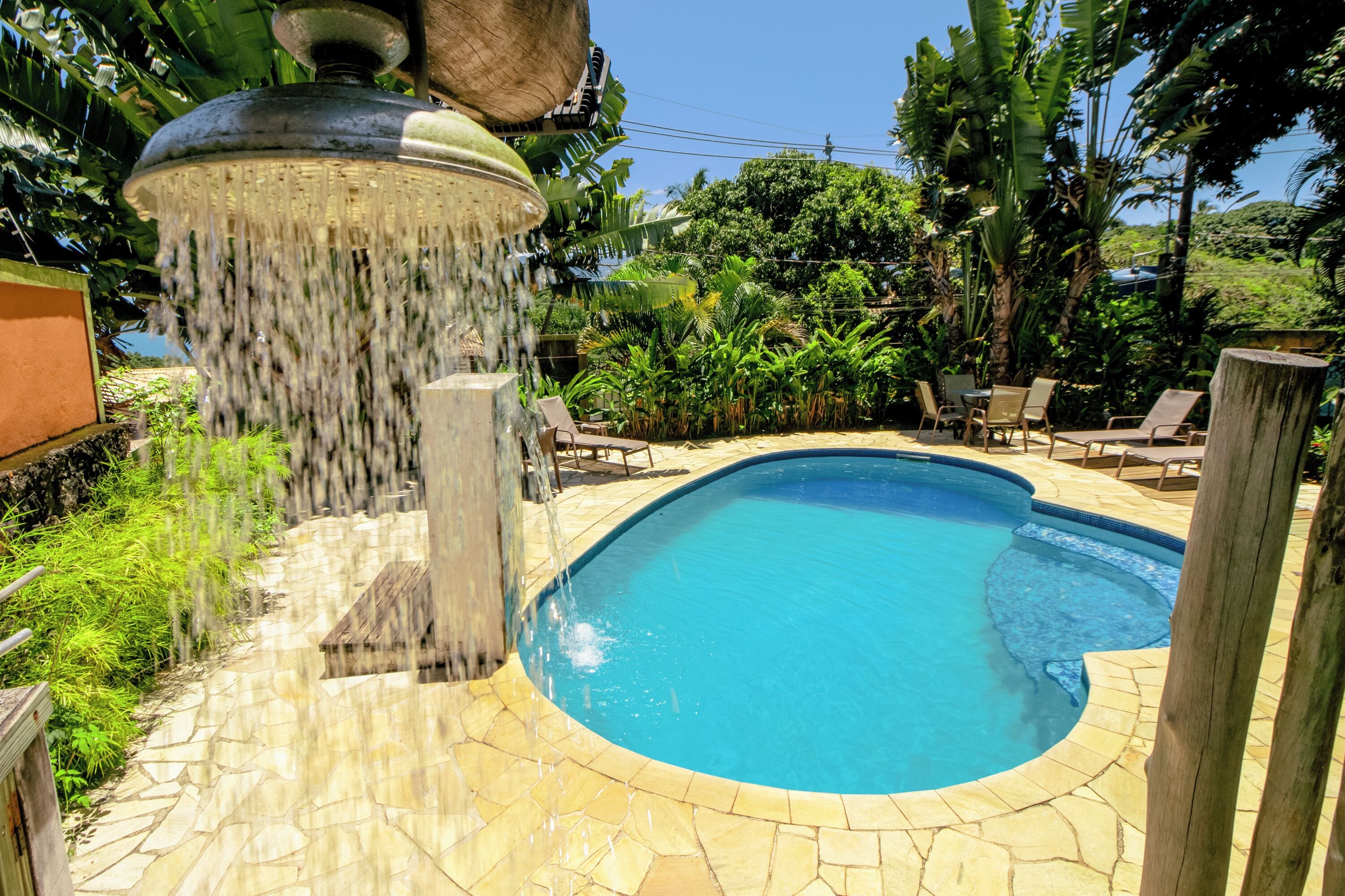 A swimming pool with a stone border, surrounded by lounge chairs and tropical plants.