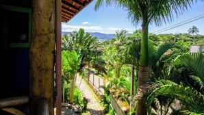 Vista desde una estructura de madera con techo de paja, sobre un jardín exuberante con diversas plantas tropicales y una cadena montañosa distante.