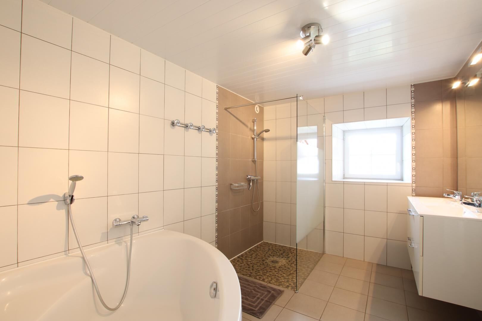 Une salle de bain moderne équipée d’une baignoire, d’une douche et d’un espace de douche vitré.