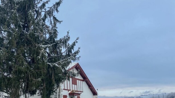 A white building with red accents, a stone wall, and a large tree in front. - Caricaburia - Juxue - Gîte (JUXUE)