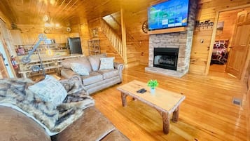 Smart TV, fireplace, books, printers