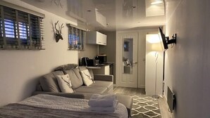 Ett modernt sovrum med en säng, en soffa, ett skrivbord och en liten köksdel.