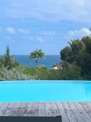 Une terrasse en bois qui mène à une piscine, offrant une vue sur l’océan et les palmiers.