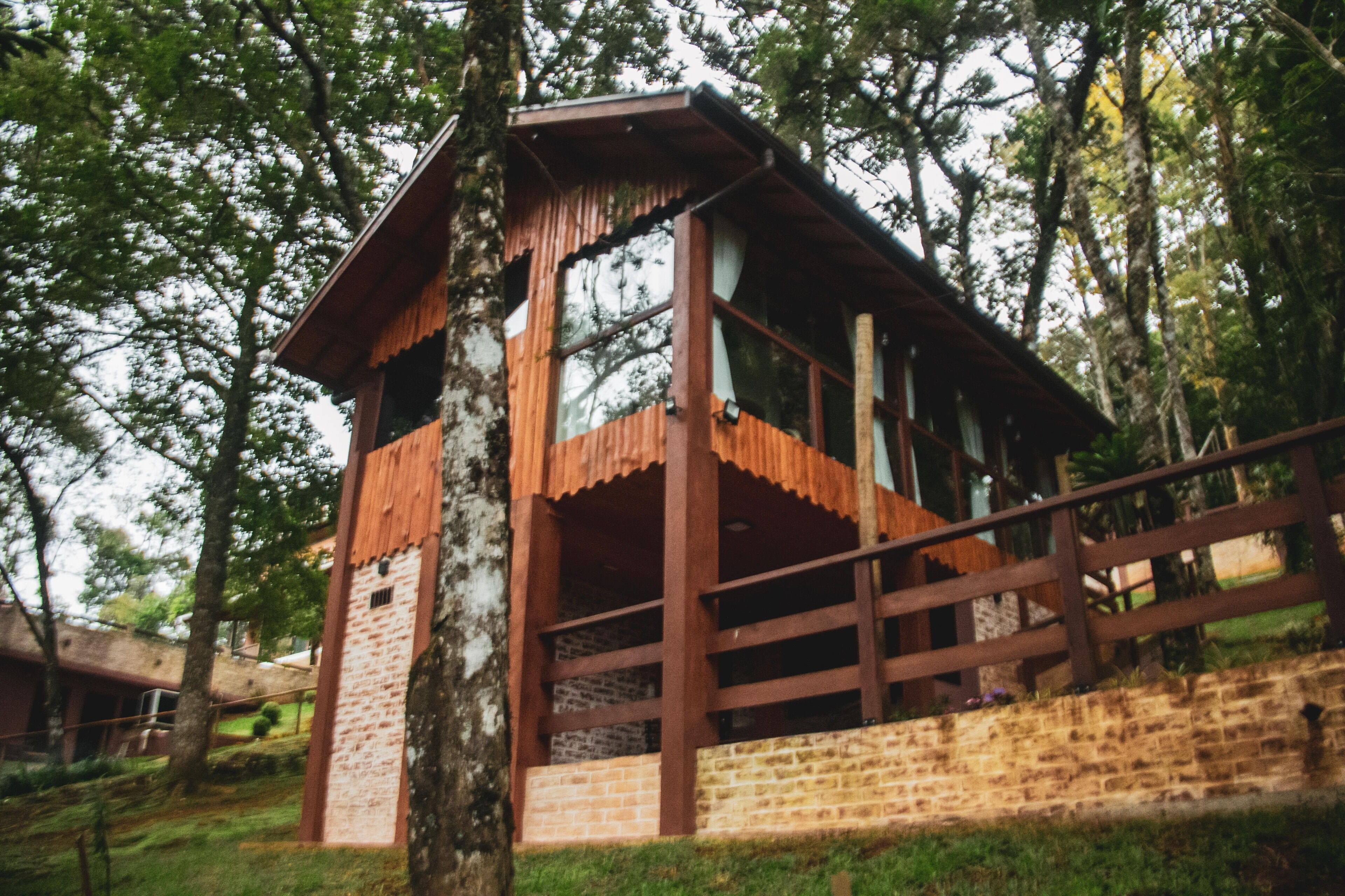 Una cabaña de madera rústica con base de ladrillo y ventanas amplias, rodeada de árboles.