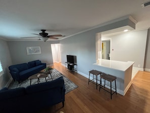 A living room with a blue sofa, a coffee table, a TV, and a ceiling fan. - Pool, Central location, 2026 Remodel. (Tampa)