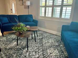 A living room with a blue sofa, a coffee table with a plant, and a patterned rug. - Pool, Central location, 2026 Remodel. (Tampa)