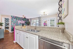 Fridge, microwave, oven, stovetop - The Pink Flamingo | Walk to Beach | 2BR Condo (Myrtle Beach)