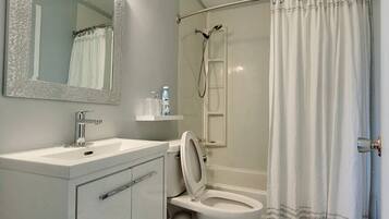 Combined shower/tub, hair dryer, towels, soap