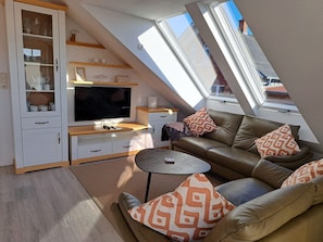 Ett kompakt bostadsutrymme med tv, soffa och förvaringsskåp, med ett sluttande tak och ett takfönster.