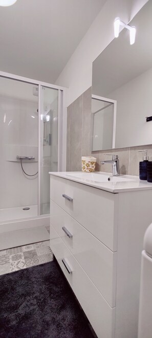 Dusche, Haartrockner, Handtücher, Toilettenpapier