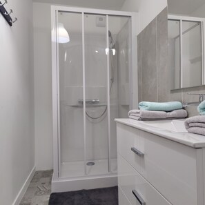 Regadera, secadora de cabello, toallas, papel de baño 