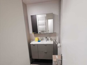 A small bathroom with a white sink, a mirror above it, and a cabinet below. - EXCELLENT APARTMENT NEAR PARIS (Châtenay-Malabry)