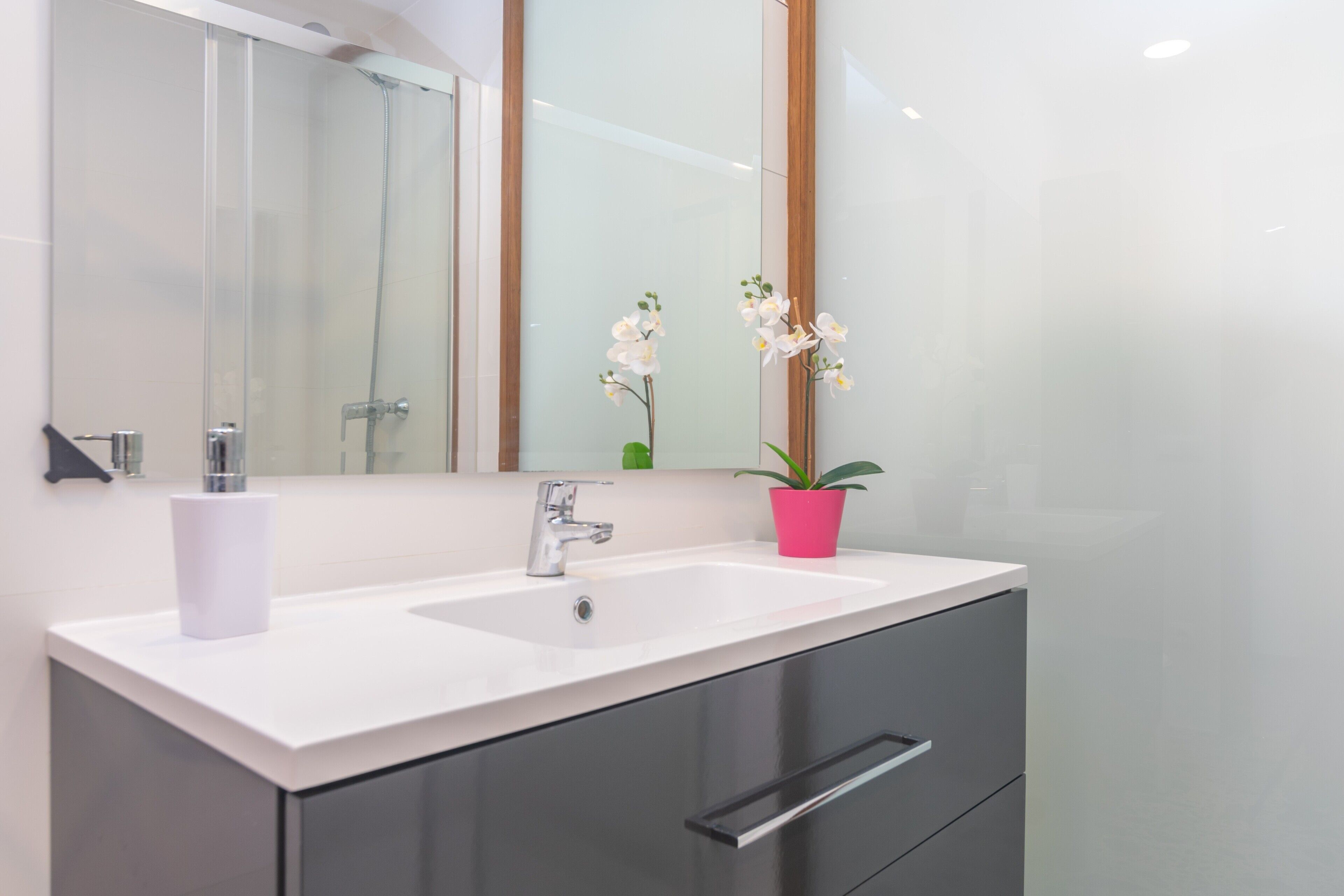 Combined shower/tub, hair dryer, bidet, towels