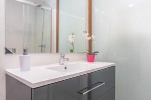 Combined shower/tub, hair dryer, bidet, towels