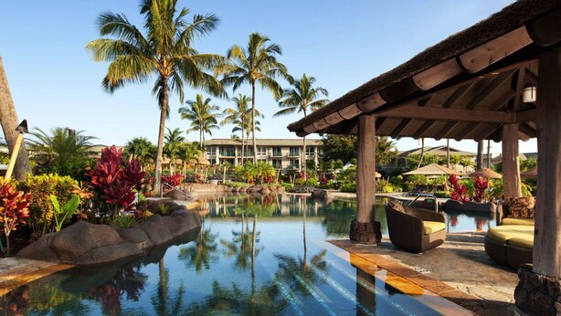 A resort pool with a thatched roof lounge area, palm trees, and a building in the background.
