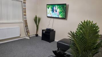 A living room with a television mounted on the wall, a black entertainment unit, a leather sofa, a potted plant, and a radiator.