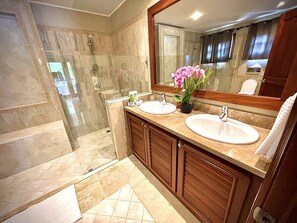 Combined shower/bathtub, hair dryer, bidet, towels