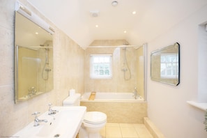 Combined shower/bathtub, hair dryer