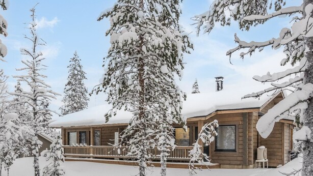Een houten hutje met een overdekte veranda en sneeuw bedekte bomen.