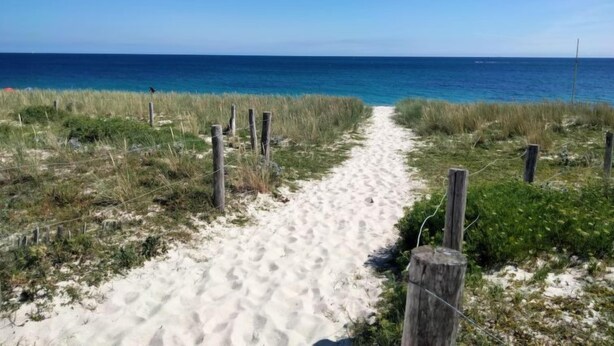 A sandy beach path with wooden posts, leading to the ocean.