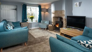Un salon chaleureux avec des canapés de couleur turquoise, une cheminée, un téléviseur et une fenêtre avec des rideaux.