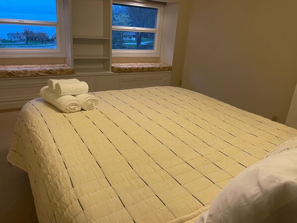 A bedroom with a bed, two windows, and a view of a residential area.