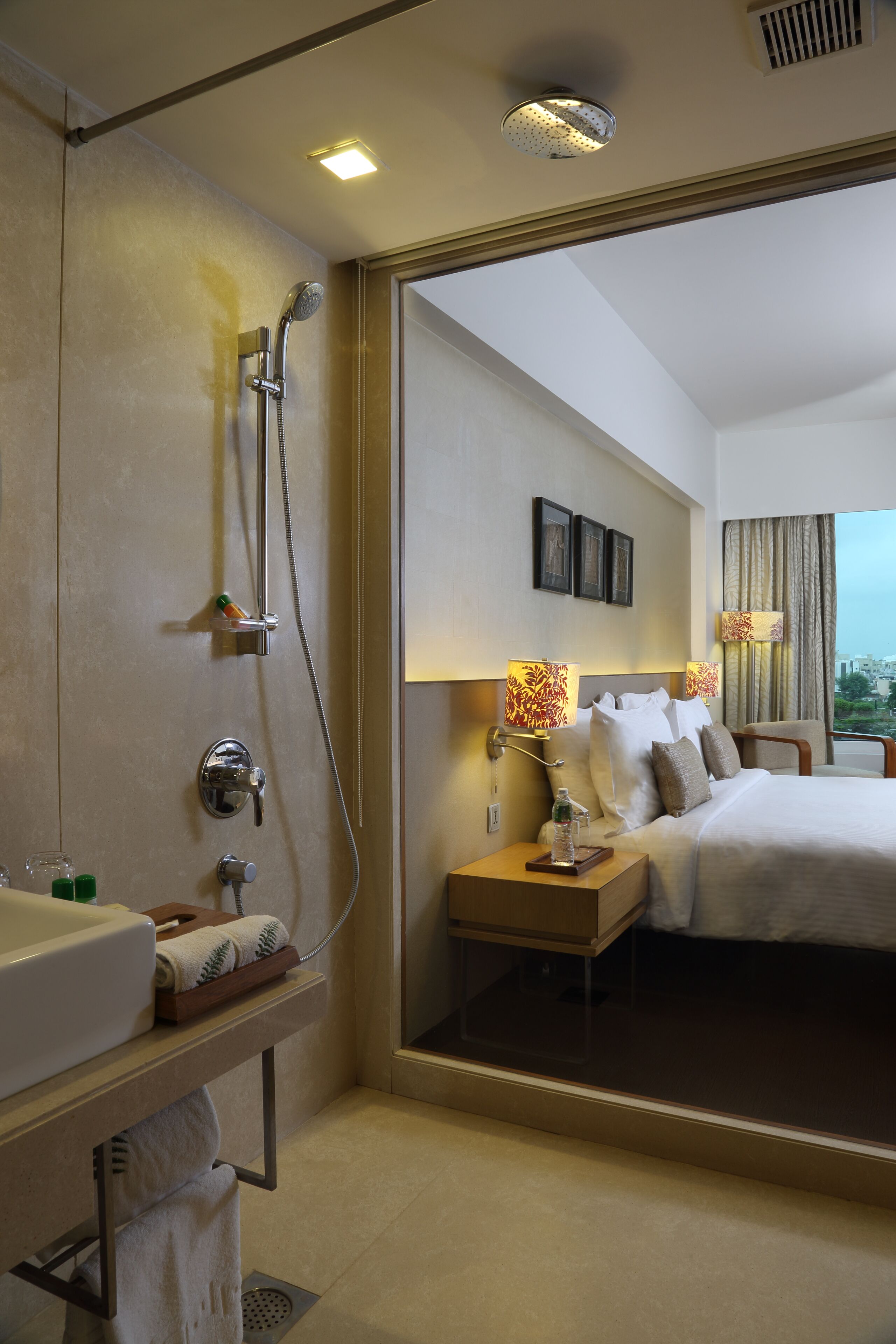 A hotel room with a large bed, a bathroom with a shower, a bedside table with a lamp, and a view of the city through the window.