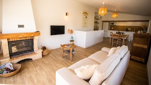 A modern living room with a fireplace, a sofa, a dining area, and a kitchen in the background. - Gîte for two with private pool 20 minutes from Narbonne (Montséret)
