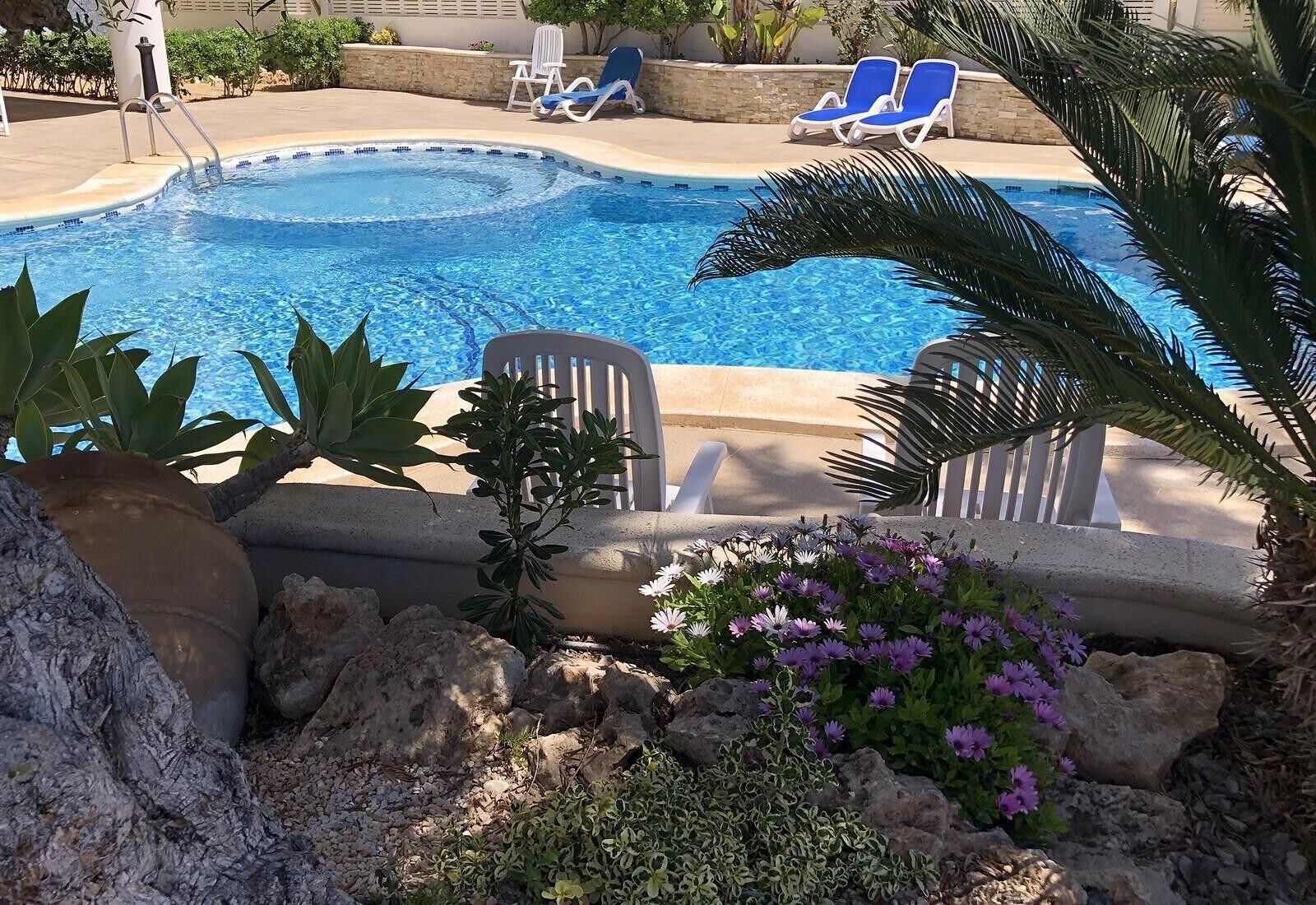 A swimming pool with blue water, surrounded by lounge chairs and plants.