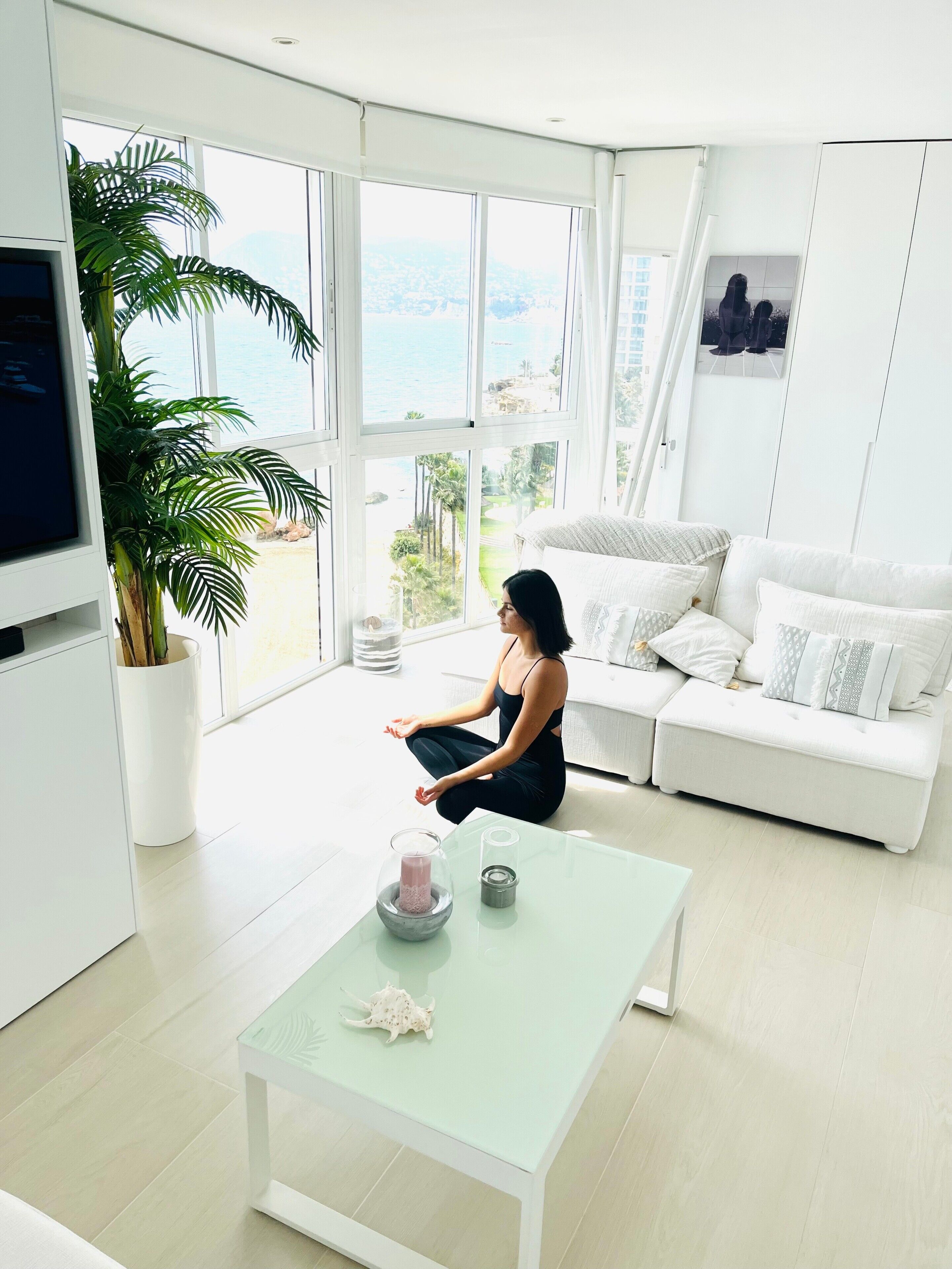 Ein modernes Wohnzimmer mit großem Fenster, einem weißen Sofa, einem Glastisch und einem Topfpflanzen.